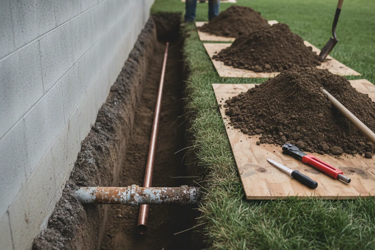 Excavated water line trench during Sewer Line Repair in Summerfield
